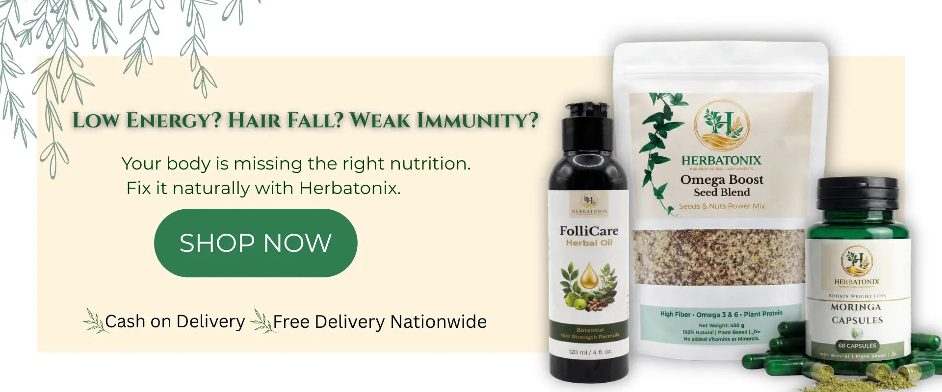 Herbatonix health products including bottles and a box on a light background with promotional text.