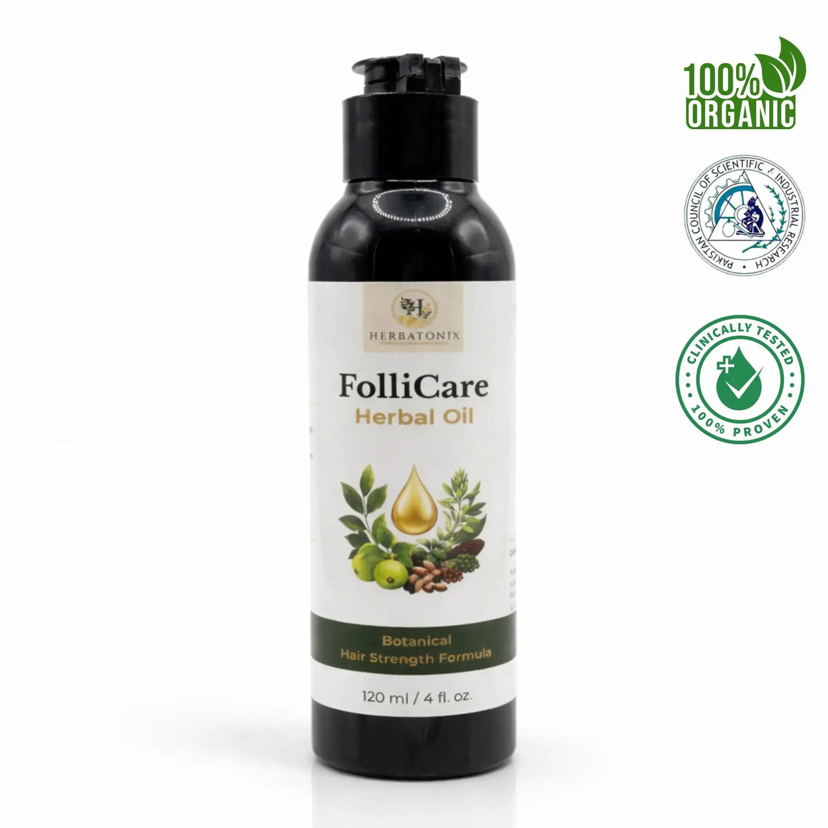 Herbal oil bottle labeled 'FolliCare' with organic and clinically tested logos on a white background